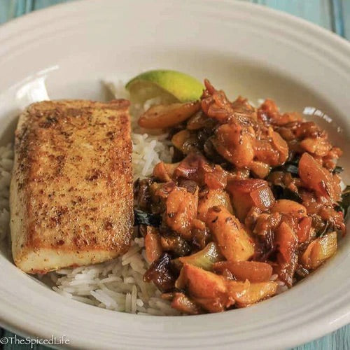 Mahi Mahi with Stewed Spiced Peaches – Burlap & Barrel