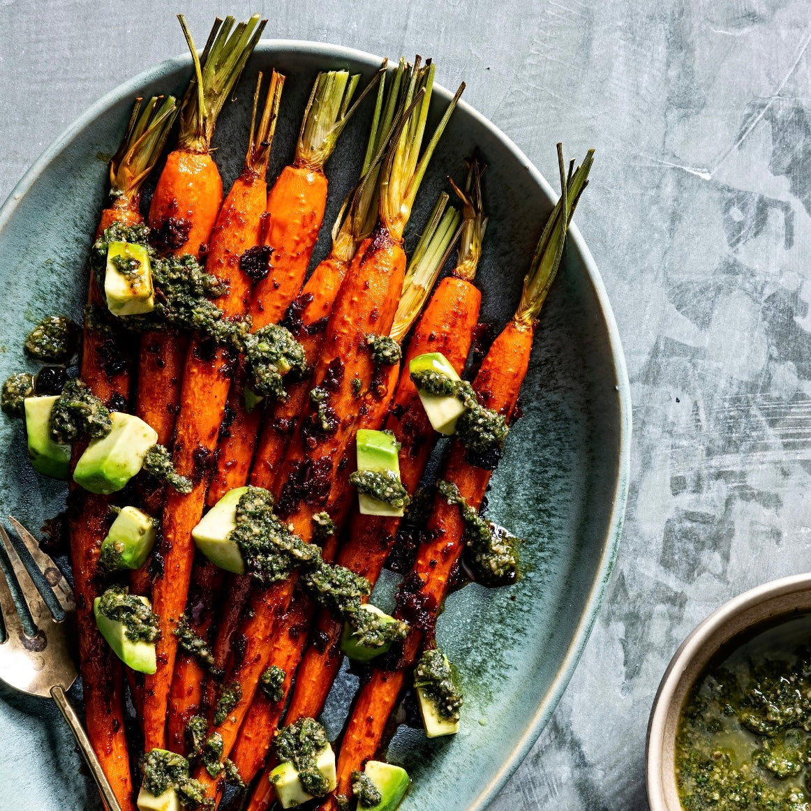 Roasted Harissa Carrots With Carrot-Top Pesto and Avocado – Burlap & Barrel