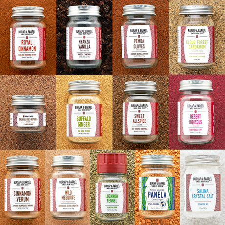 12 Spice Baking Collection with Royal Cinnamon, Nyanza Vanilla Extract Kit, Ground Pemba Cloves, Cloud Forest Cardamom, Ground Grenada Gold Nutmeg, Buffalo Ginger, Ground Sweet Allspice, Ground Desert Hibiscus, Cinnamon Verum, Wild Mesquite, Lucknow Fennel in a grinder, Panela Cane Sugar and Salina Crystal Salt
