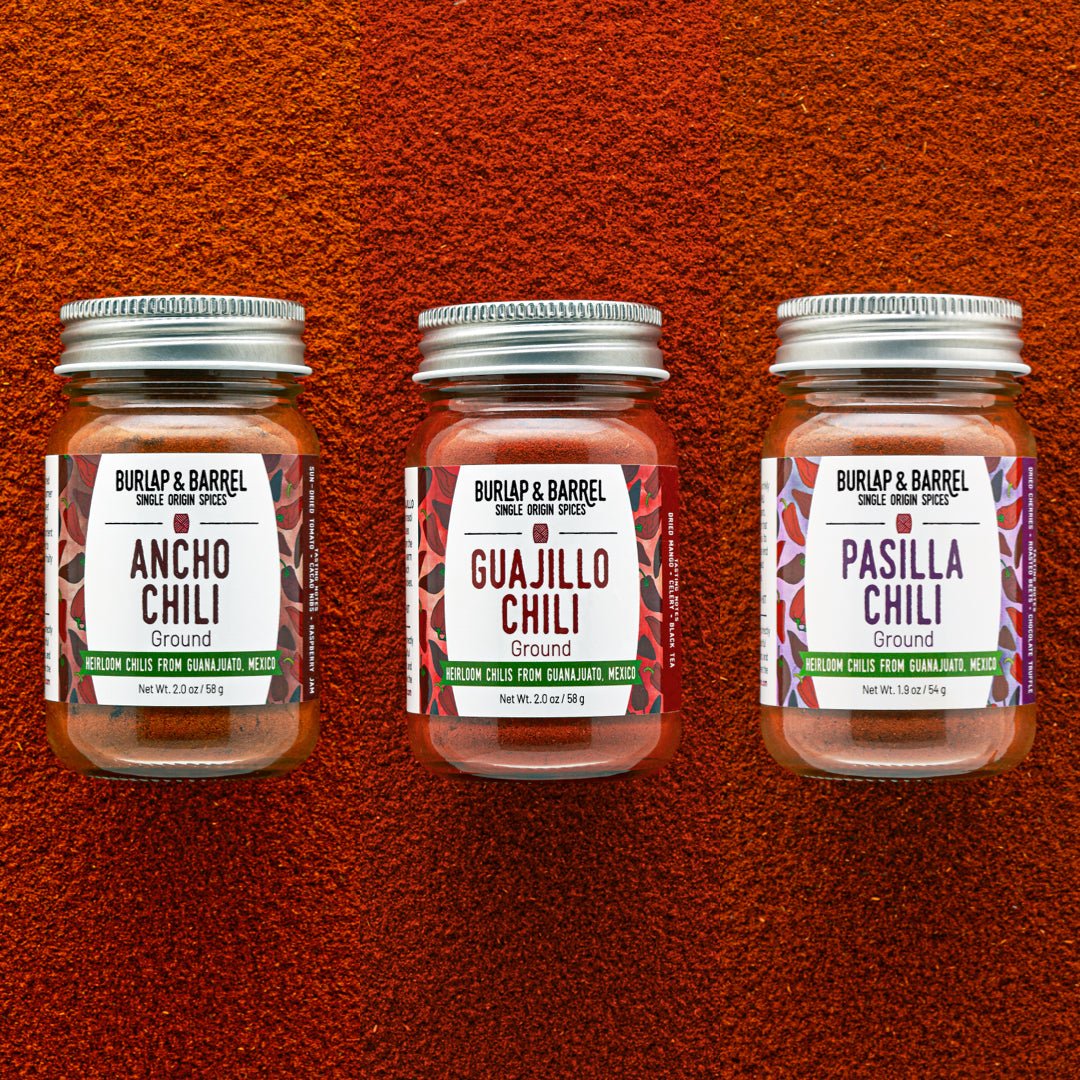 Three Single origin Mexican Chilis from Burlap & Barrel: Ancho, Guajillo & Pasilla