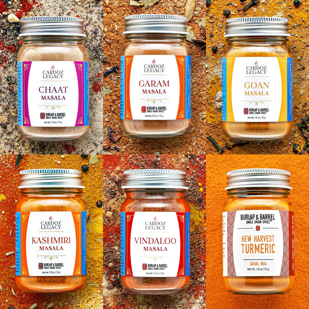 Collection of Cardoza Legacy spice jars on a textured orange background