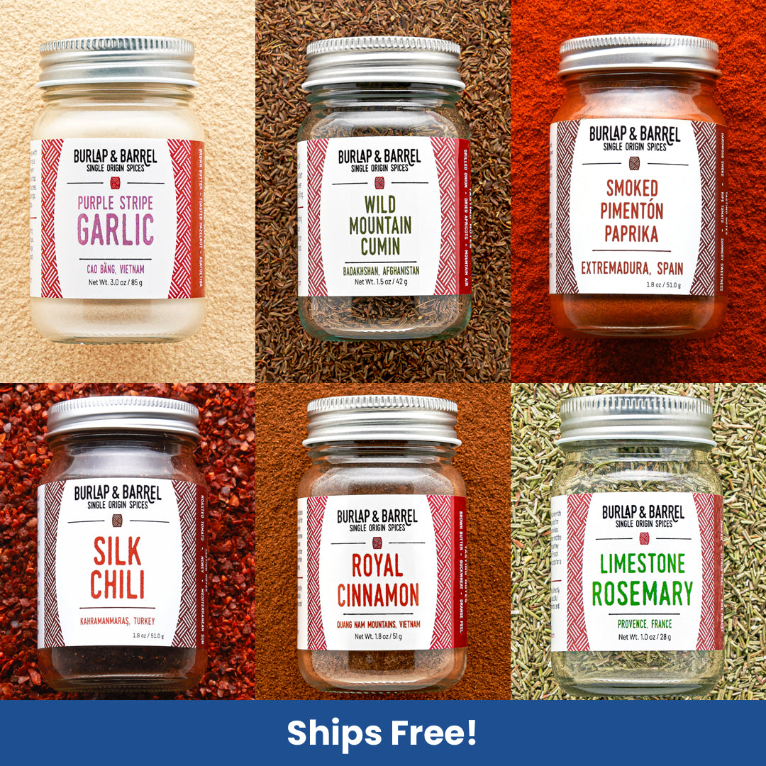 Collage of Burlap & Barrel spice jars with labels on a textured background