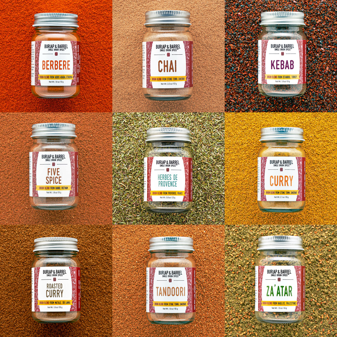 Grid of jars with labels on a textured brown background