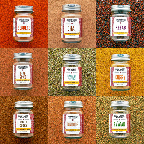 Grid of jars with labels on a textured brown background