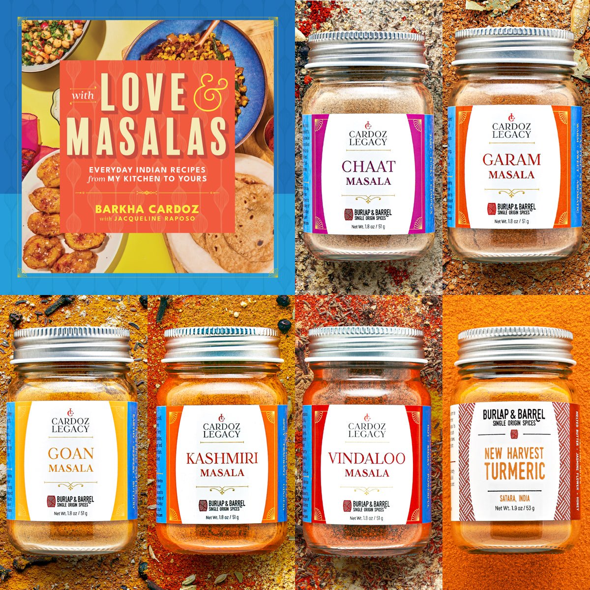 Collection of Cardoz Legacy spice jars with 'Love & Masalsas' cookbook on a colorful background