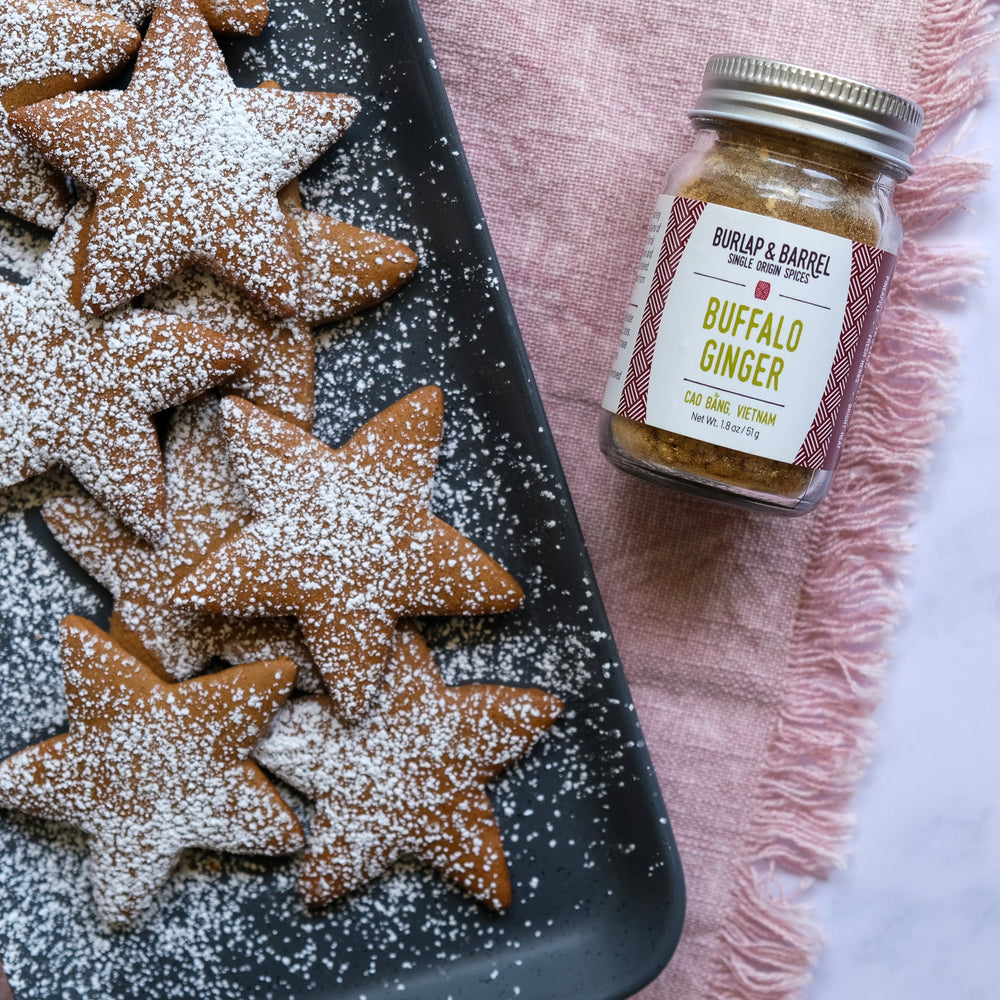 Ginger snap cookies made with Buffalo Ginger in the shape of stars