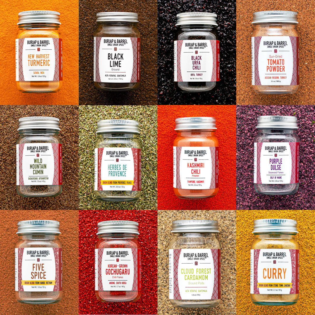 Grid of various jars with labels on a textured brown background