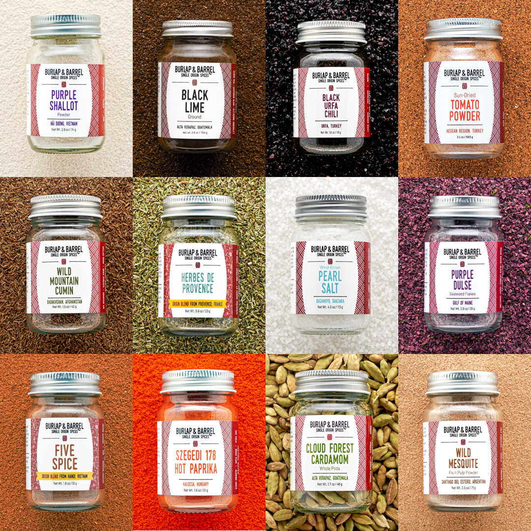 12 Spice Chef's Collection with Purple Shallot Powder, Black Lime, Black Urfa Chili, Sun-Dried Tomato Powder, Wild Mountain Cumin, Herbes de Provence, Wild Mesquite, Purple Dulse, Five Spice, Szegedi 178 Hot Paprika, Whole Cloud Forest Cardamom & Wild Mesquite