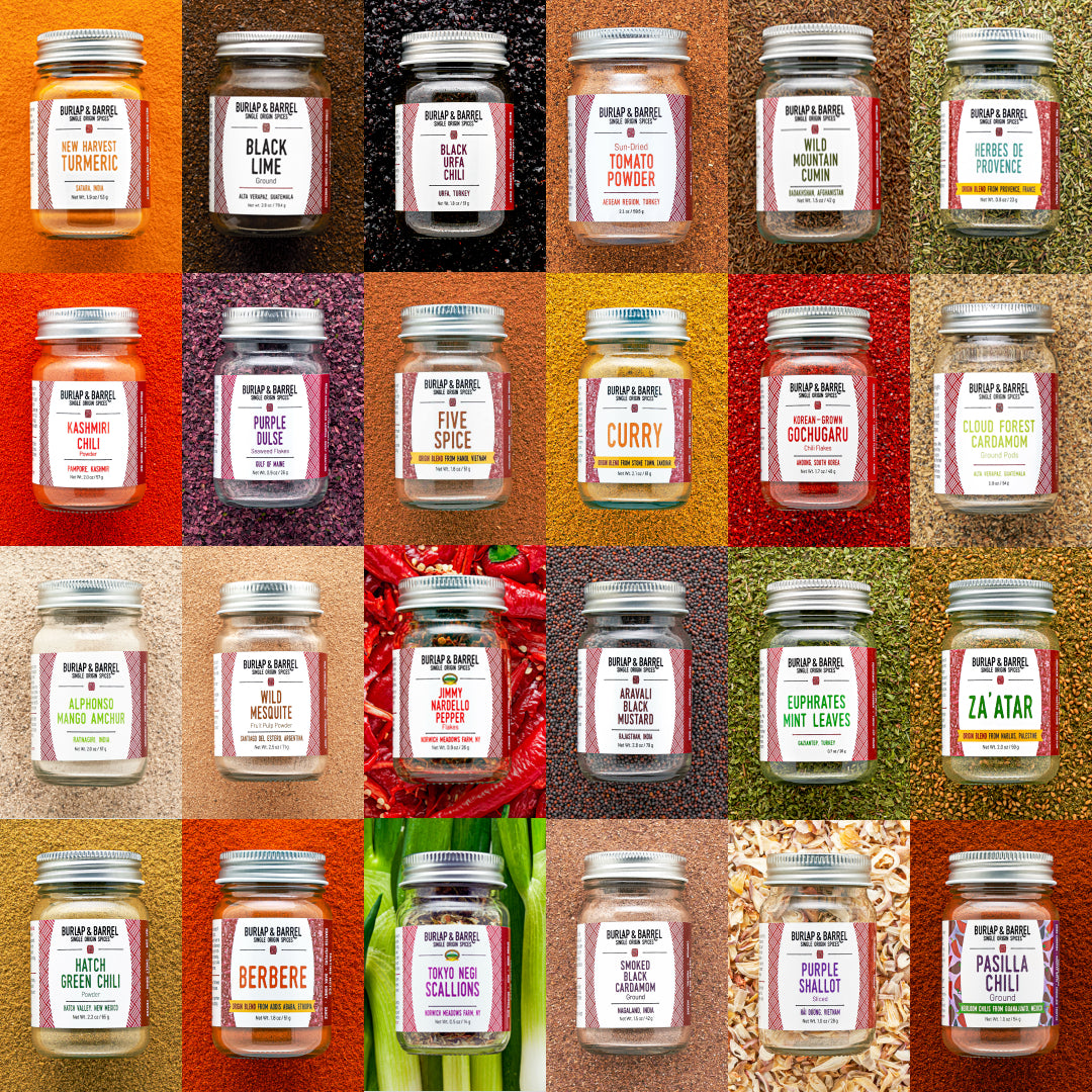 Grid of various jars with labels on a textured background