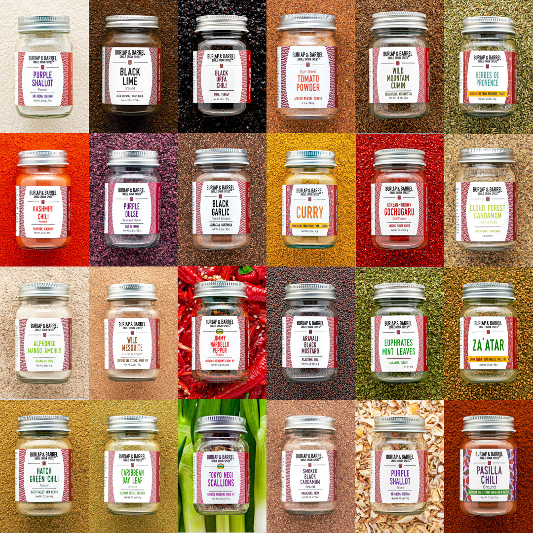 Grid of various jars with labels on a textured background