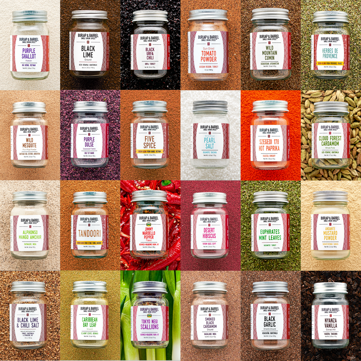 24 Spice Chef's Collection with Purple Shallot Powder, Black Lime, Black Urfa Chili, Sun-Dried Tomato Powder, Wild Mountain Cumin, Herbes de Provence, Wild Mesquite, Purple Dulse, Five Spice, Szegedi 178 Hot Paprika, Whole Cloud Forest Cardamom, Alphonso Mango Amchur, Tandoori, Jimmy Nardello Pepper, Desert Hibiscus, Euphrates Mint, Andante Mustard Powder, Black Lime & Chili Salt, Caribbean Bay Lead, Tokyo Negi Scallions, Smoked Black Cardamom, Black Garlic & Nyanza Vanilla Extract Kit