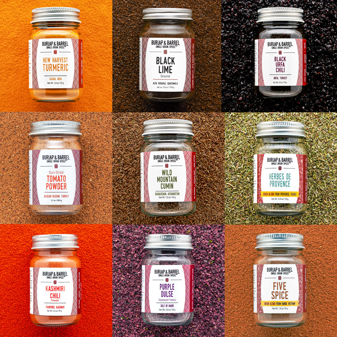 Collage of Burlap & Barrel spice jars with labels on a textured background