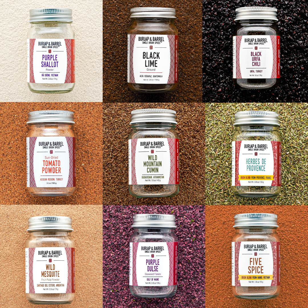 9 Spice Chef's Collection with Purple Shallot Powder, Black Lime, Black Urfa Chili, Sun-Dried Tomato Powder, Wild Mountain Cumin, Herbes de Provence, Wild Mesquite, Purple Dulse & Five Spice