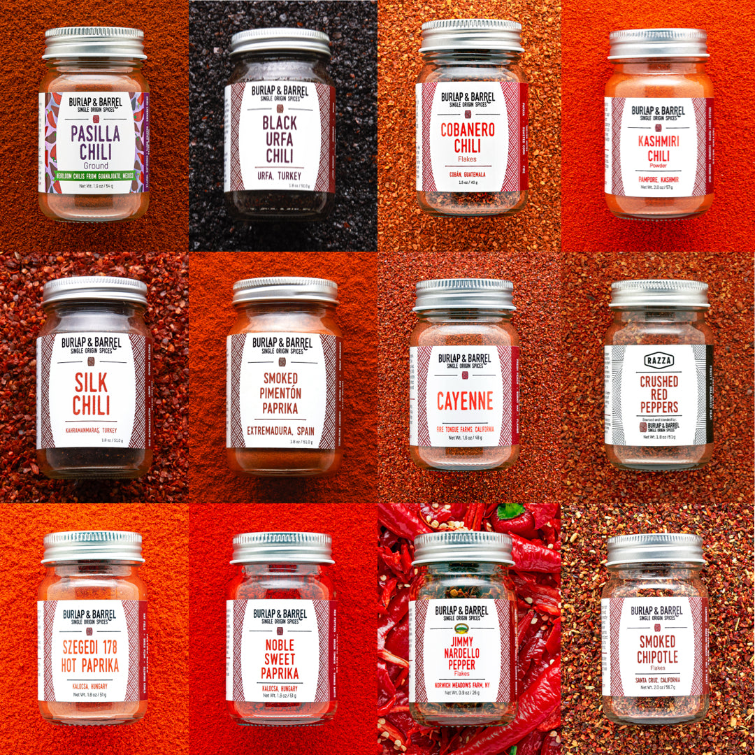 Grid of Burlap & Barrel chili jars with labels on a red background