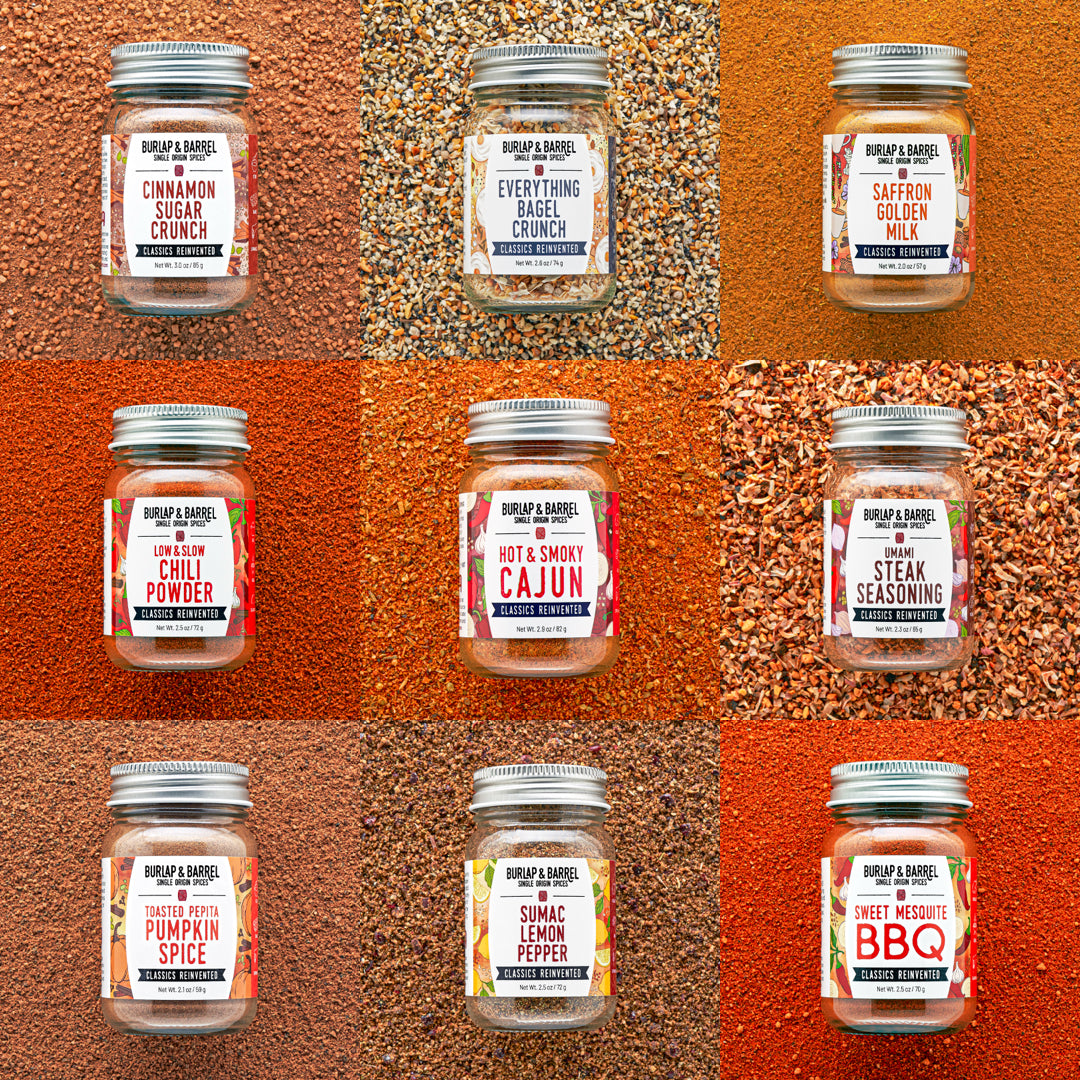 Classics Reinvented collection showing: Cinnamon Sugar Crunch, Everything Bagel Crunch, Saffron Golden Milk, Low & Slow Chili Powder, Hot & Smoky Cajun, Umami Steak Seasoning, Toasted Pepita Pumpkin Spice, Sumac Lemon Pepper, Sweet Mesquite BBQ