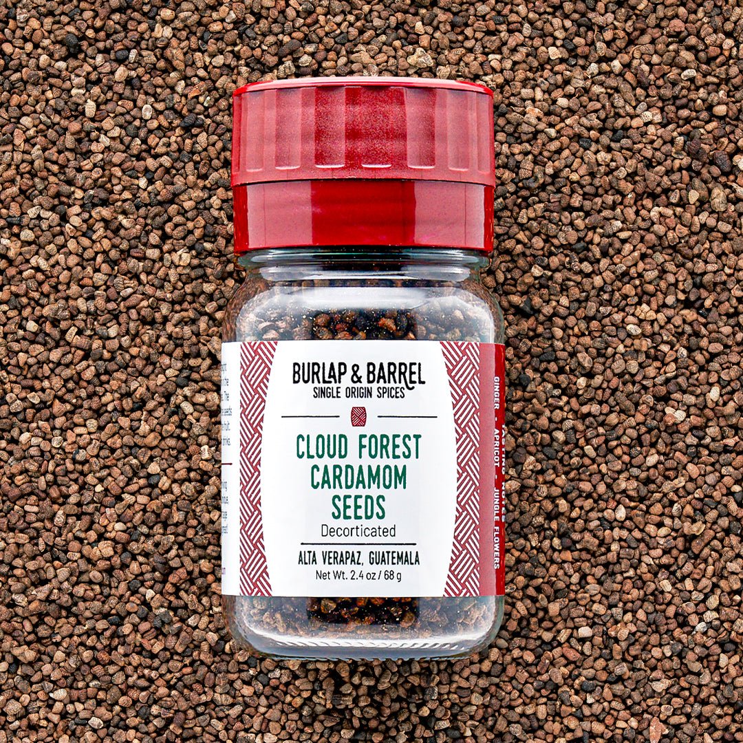 2.4 oz Cloud Forest Cardamom in a grinder top jar from Burlap & Barrel Single Origin Spices
