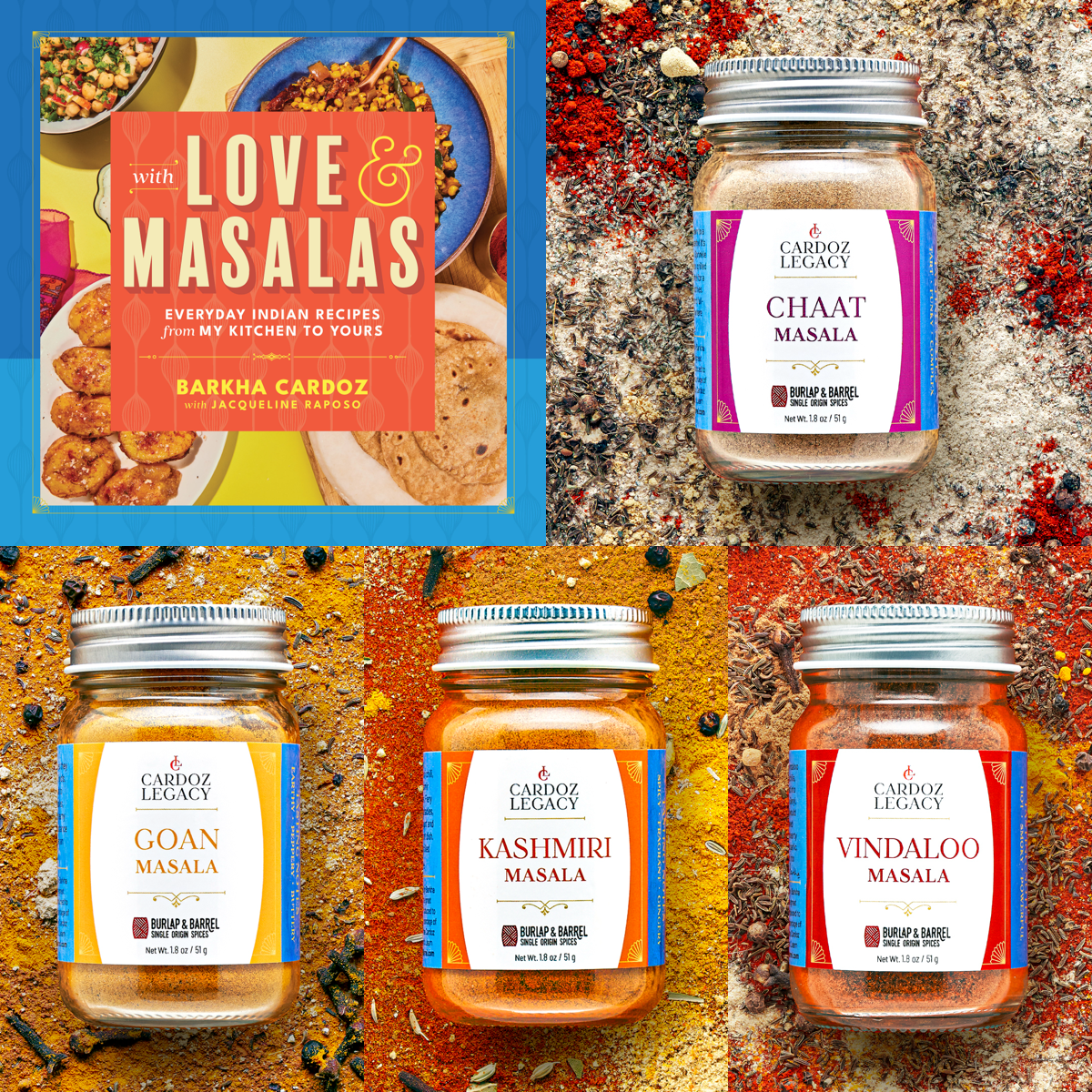 Collection of Cardoz Legacy spice jars with labels on a textured background