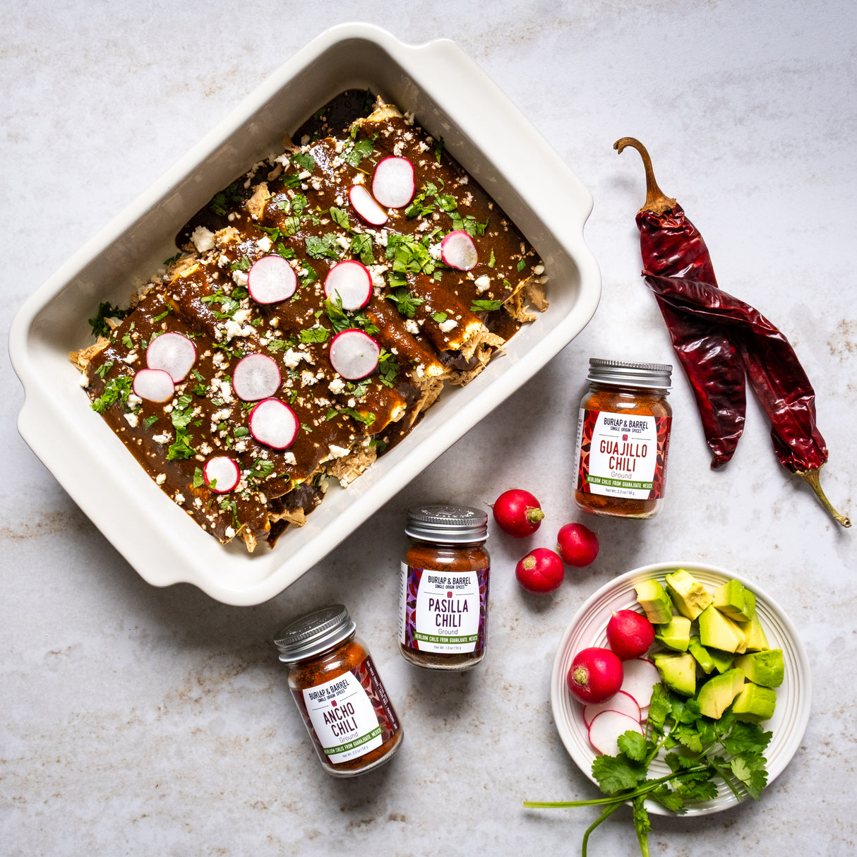 Mole Enchiladas with heirloom Mexican Chilis from Burlap & Barrel