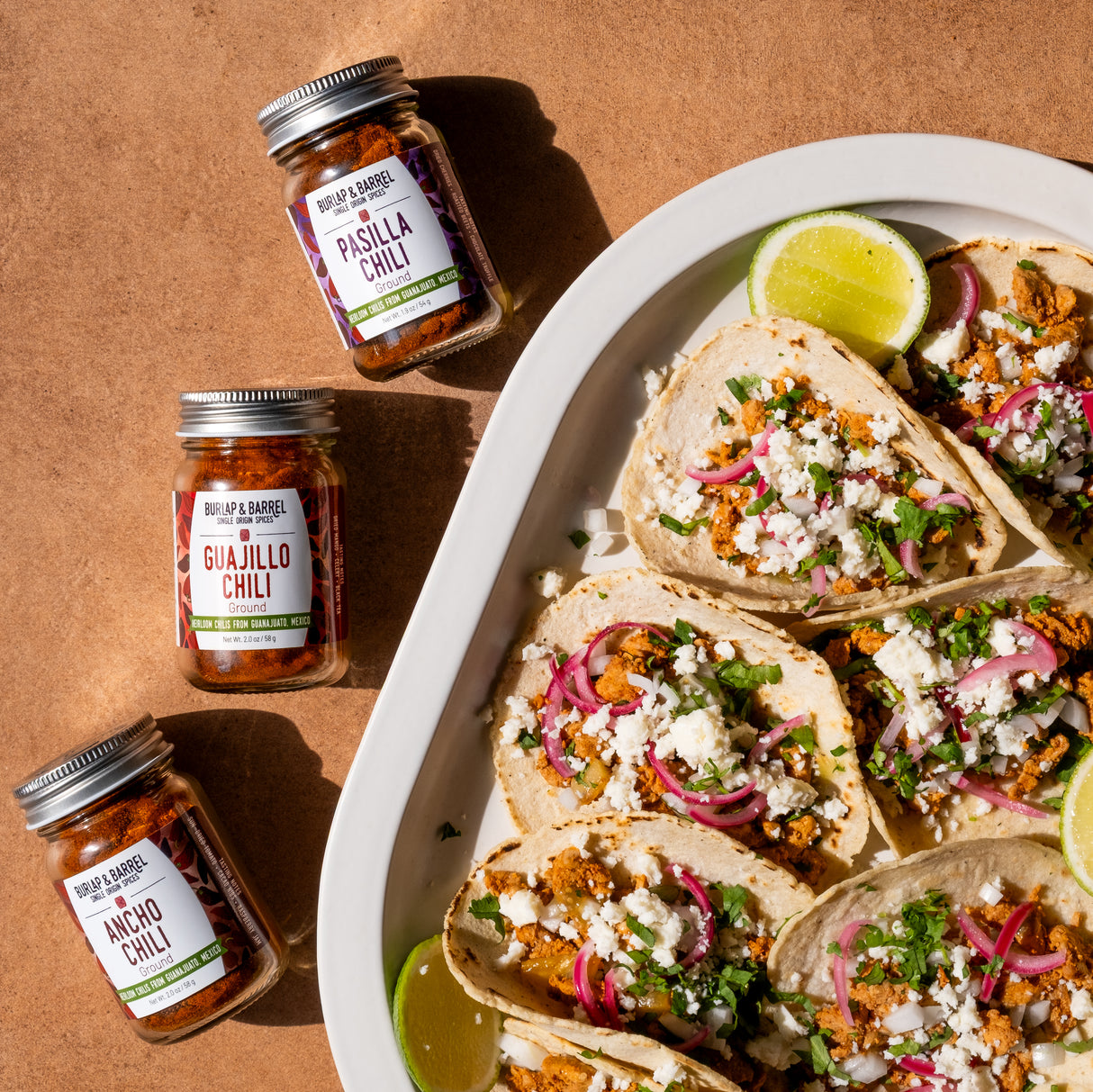 Tacos with heirloom Mexican Chilis from Burlap & Barrel