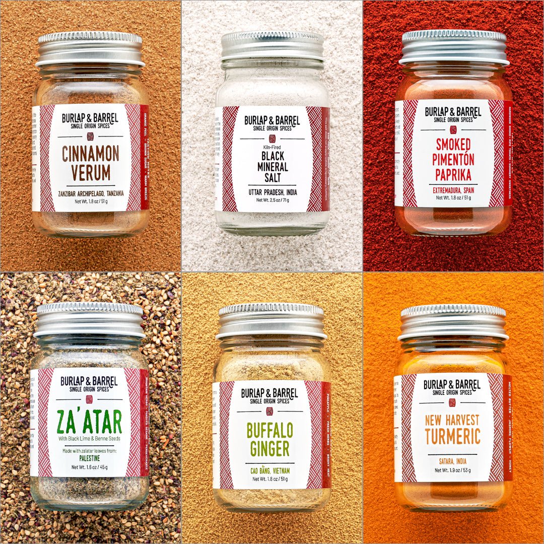 Collage of Burlap & Barrel single origin spices in jars with visible labels on a textured background.