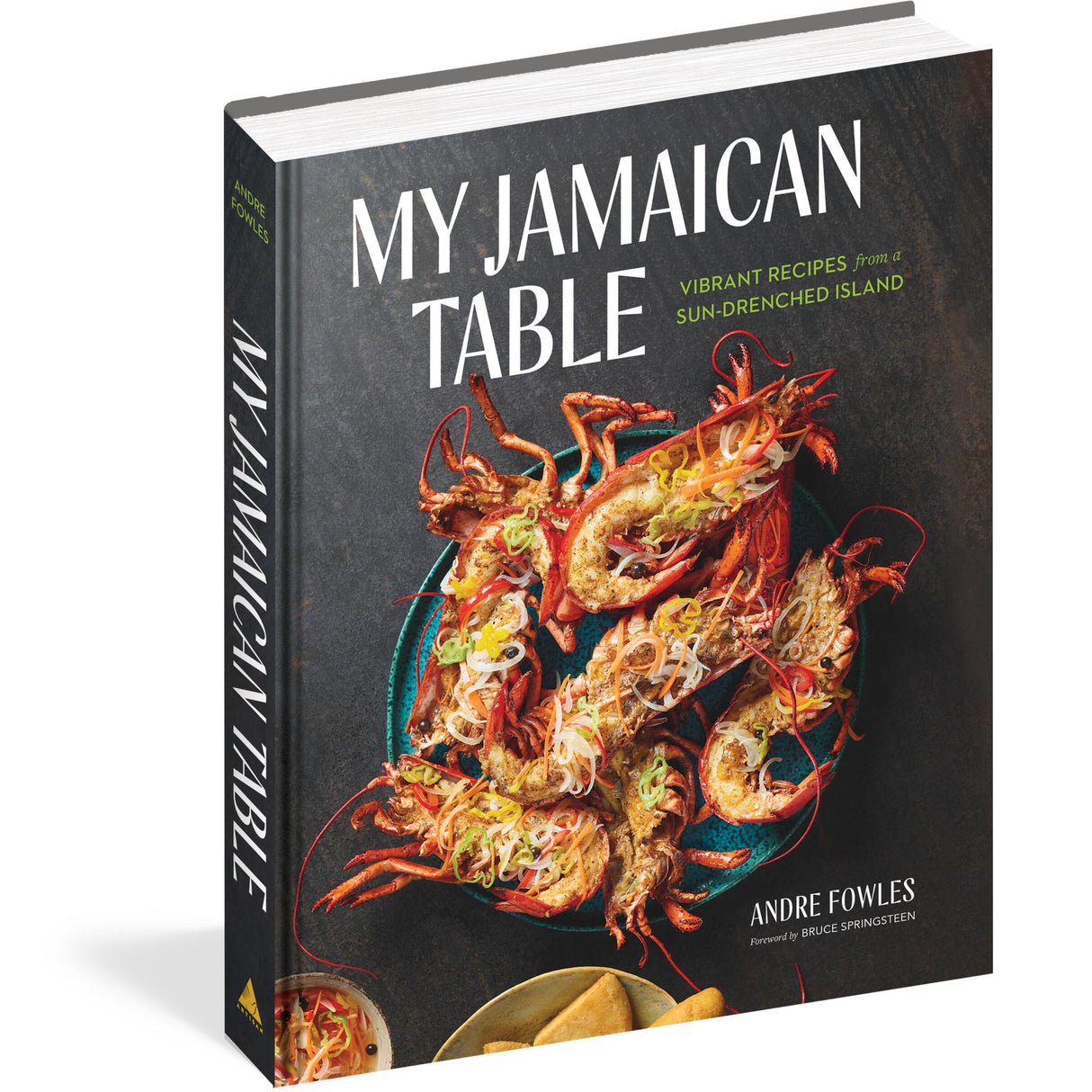 Cookbook titled 'My Jamaican Table' with a cover featuring shrimp and text.