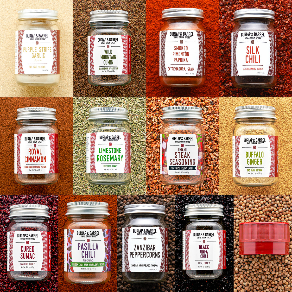 Grid of Burlap & Barrel spice jars with labels on a textured background