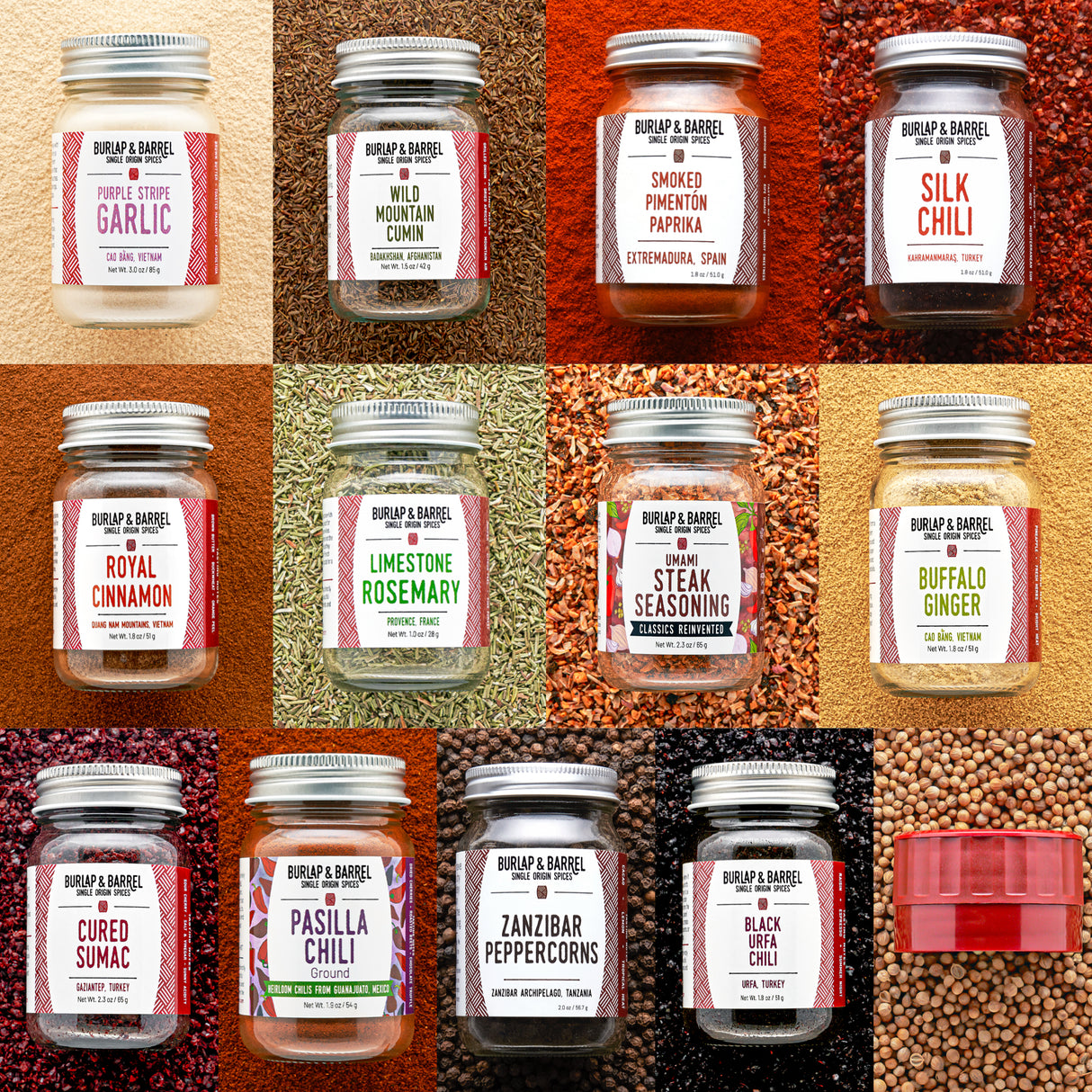 Collage of 12 Burlap & Barrel spice jars with labels on a textured background
