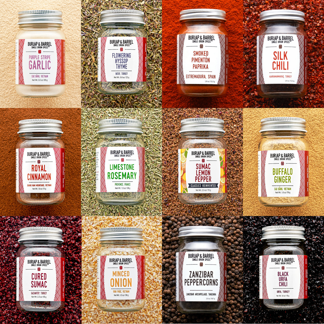 Grid of Various jars on multi-colored, textured background