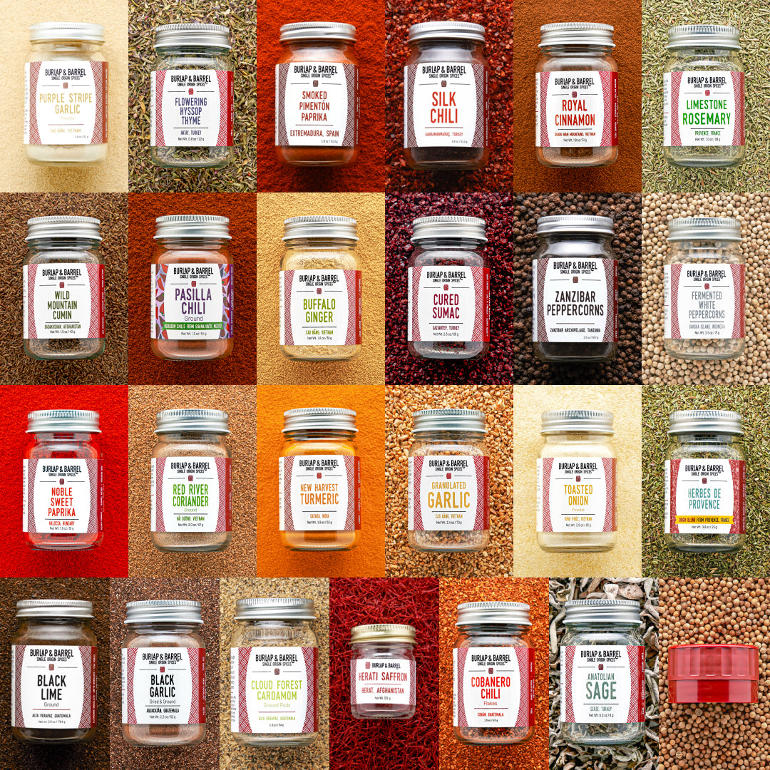 Grid of Burlap & Barrel 24-spice Fundamentals Collection