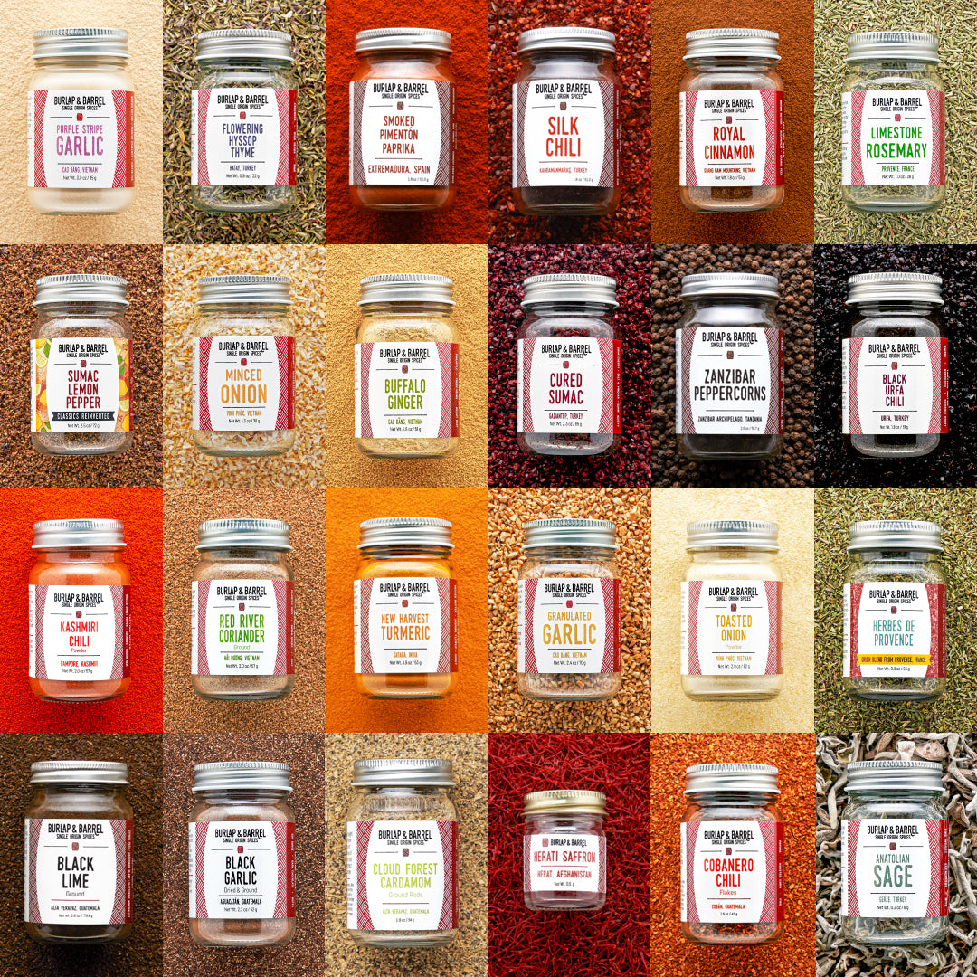 Grid of Various jars on multi-colored, textured background