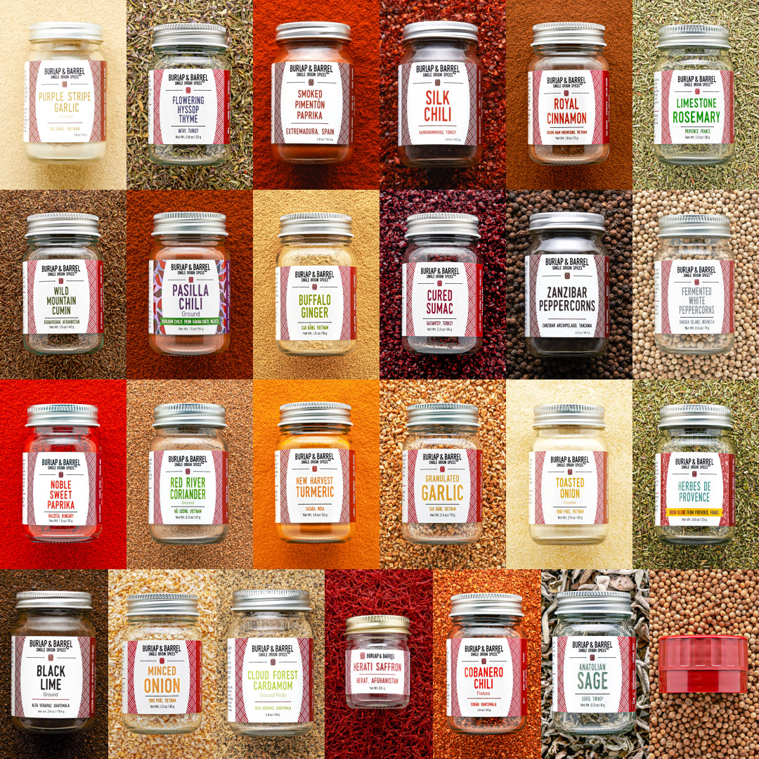 Grid showing the 24 spices in the Fundamentals Collection from Burlap & Barrel