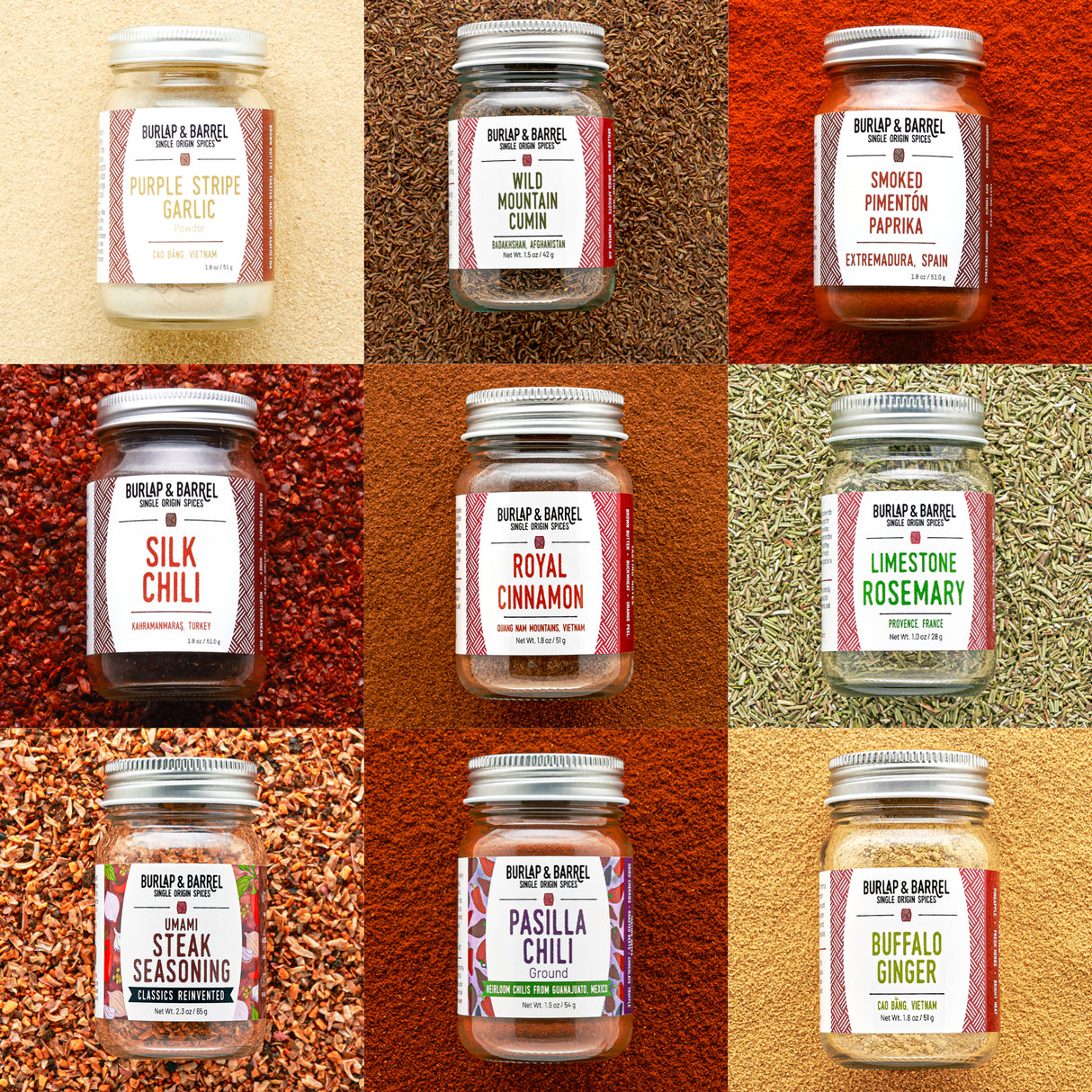 Grid of Burlap & Barrel spice jars with labels on a textured background