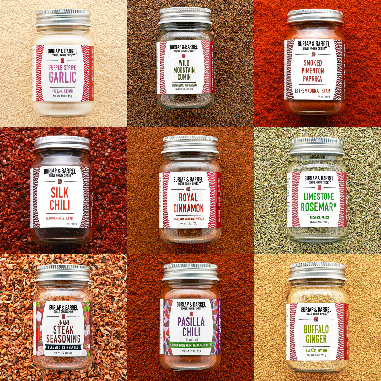 Grid of jars with 9 Burlap & Barrel seasoning labels on a textured background