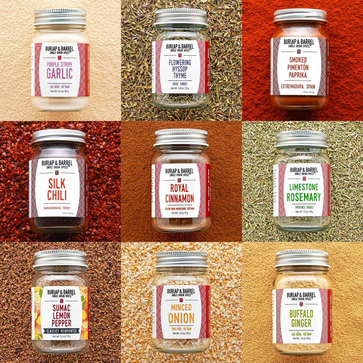 Grid of Various jars on multi-colored, textured background