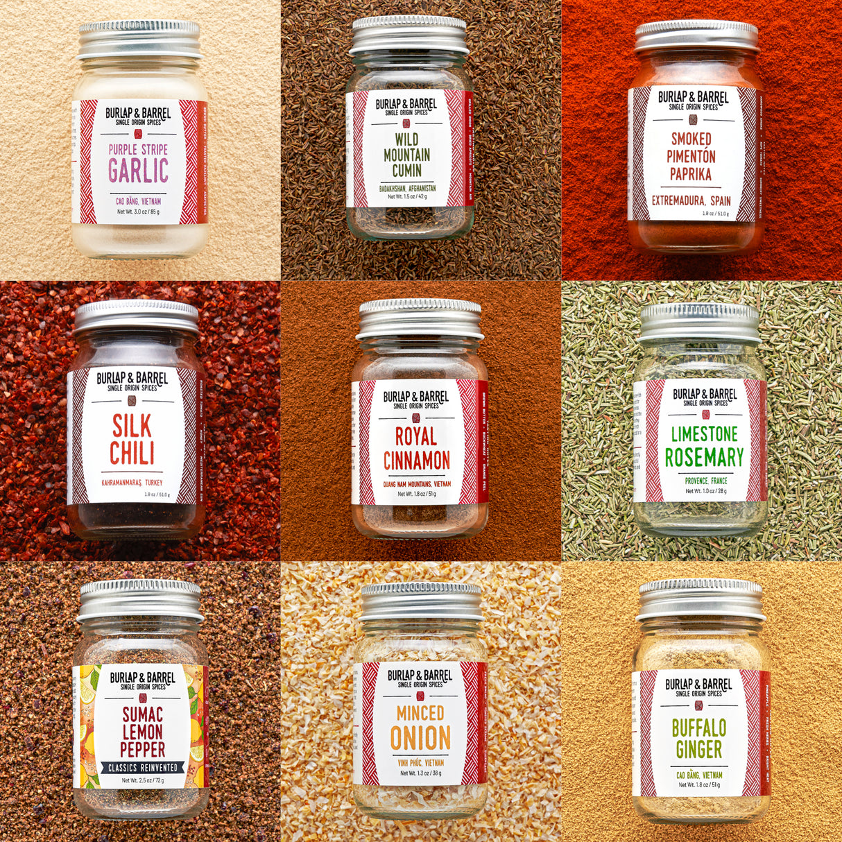Grid of 9 jars with Burlap & Barrel seasoning labels on a textured background
