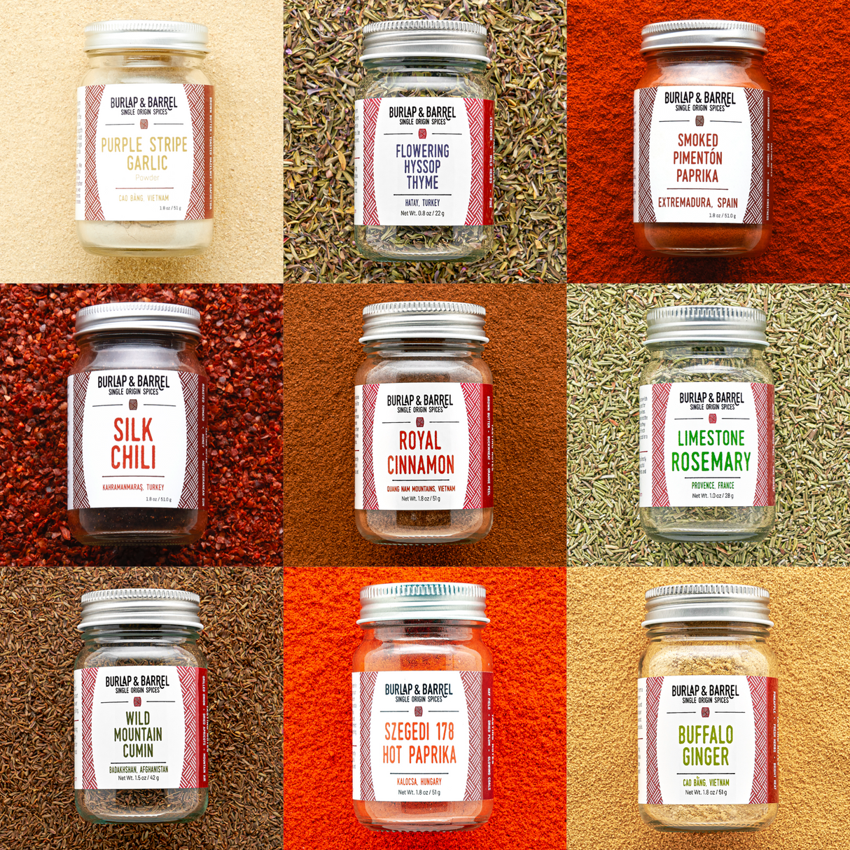 9 Spice Fundamentals Collection with Purple Stripe Garlic, Flowering Hyssop Thyme, Smoked Pimenton Paprika, Silk Chili, Royal Cinnamon, Limestone Rosemary, Wild Mountain Cumin, Szegedi 178 Hot Paprika & Buffalo Ginger