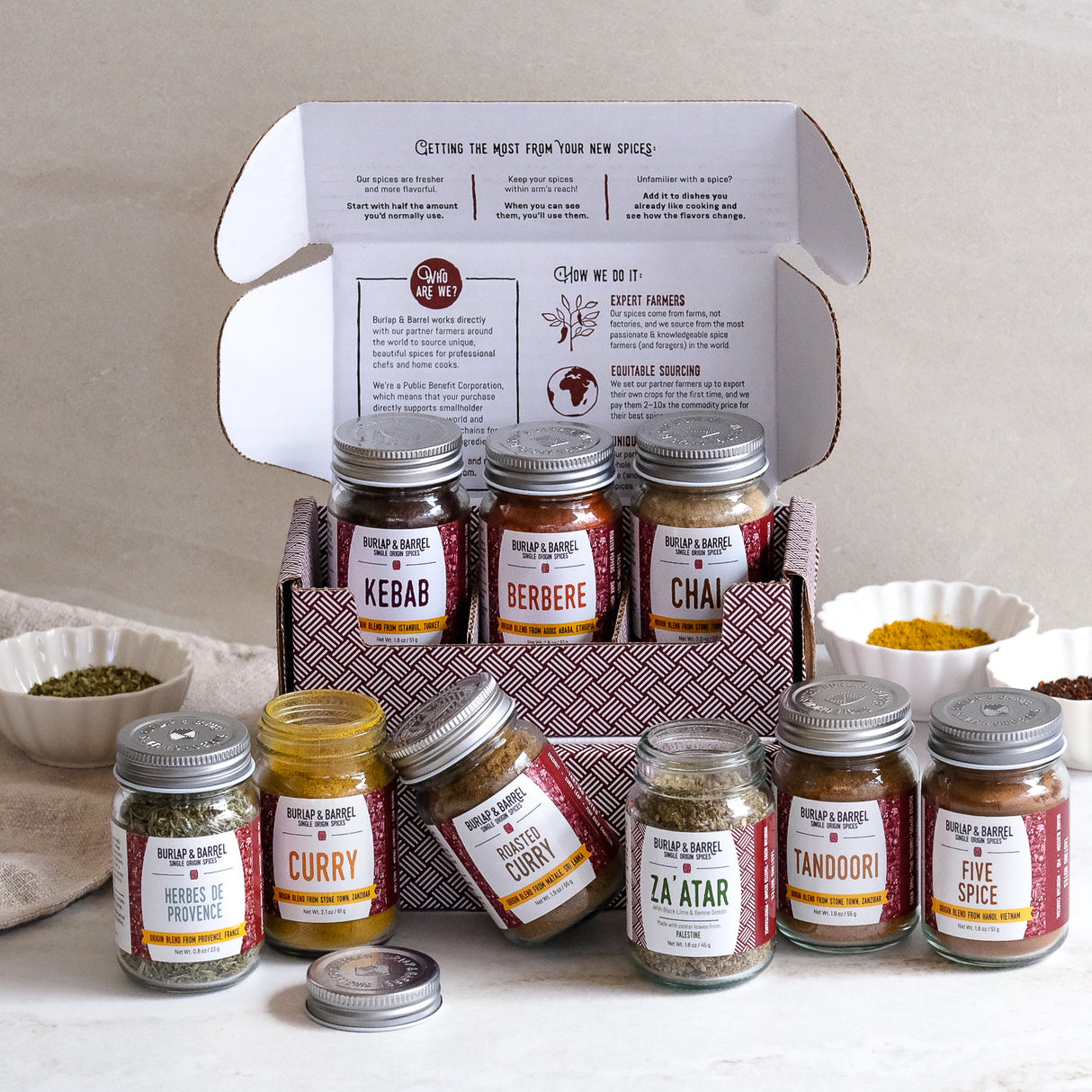 9 Spice Origin Blend Collection with Kebab, Berbere, Chai, Herbes de Provence, Curry, Roasted Curry, Za'atar, Tandoori, Five Spice from Burlap & Barrel