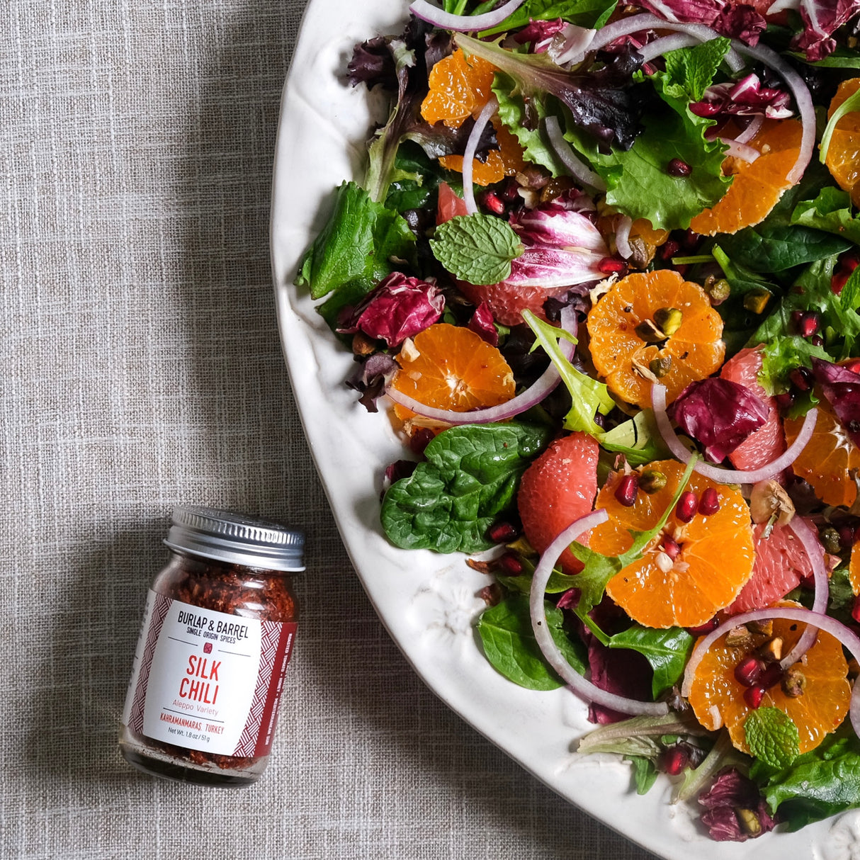 Silk chili and a winter citrus salad from Burlap & Barrel