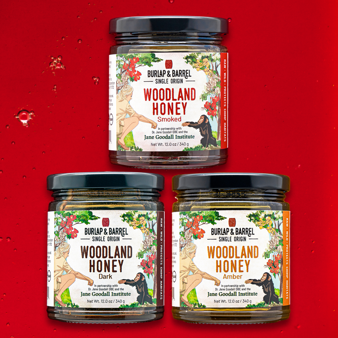 3 Pack of 12 oz Woodland Honey from Burlap & Barrel: Amber, Smoked & Dark.
