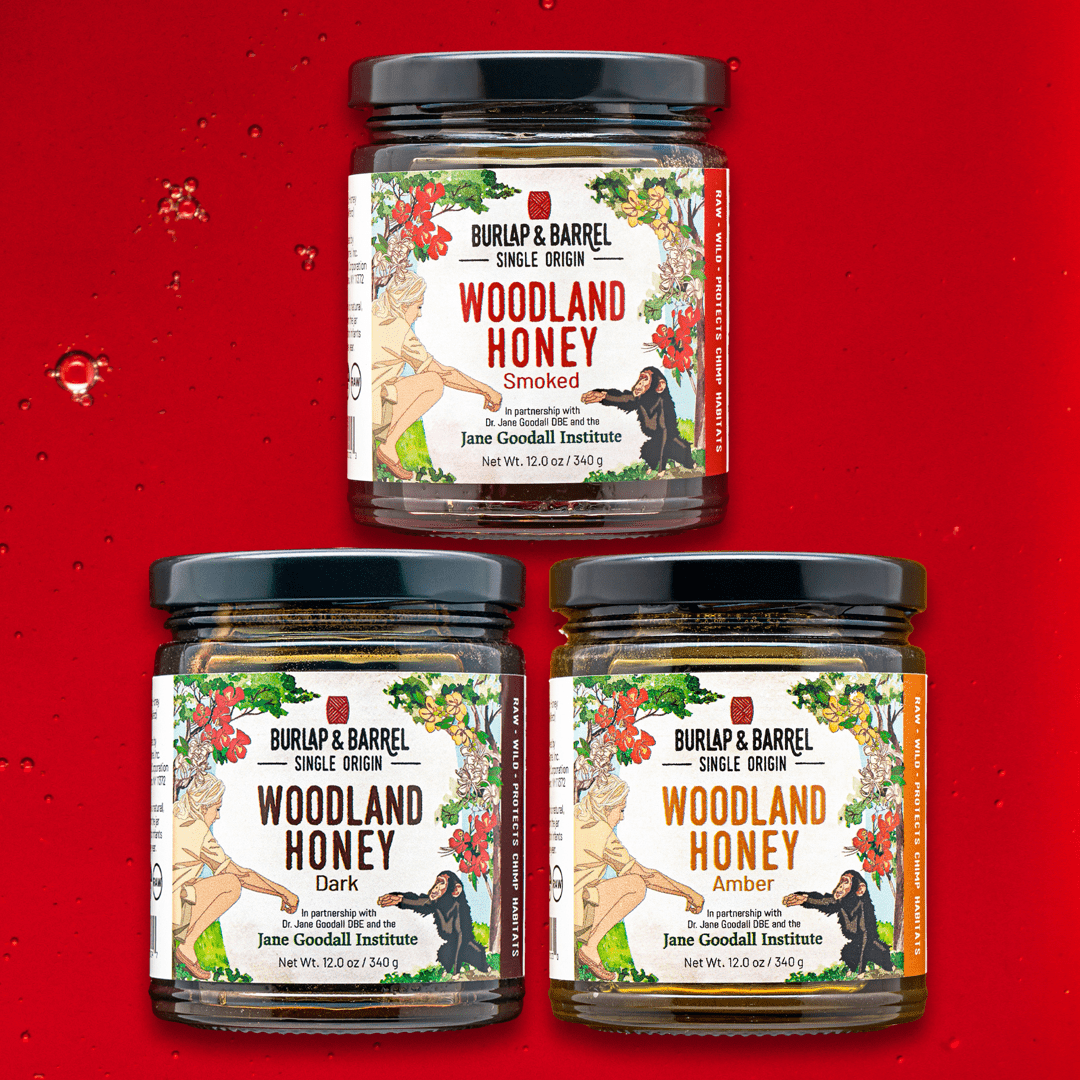 3 Pack of 12 oz Woodland Honey from Burlap & Barrel: Amber, Smoked & Dark.