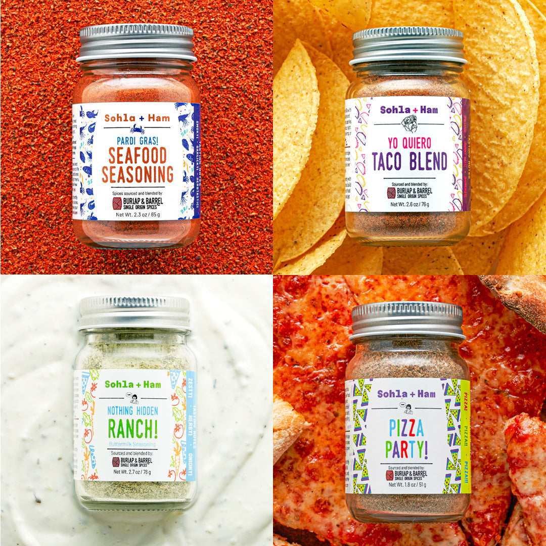 Four jars of Sohla & Ham seasoning blends with labels on a collage of food backgrounds from Burlap & Barrel