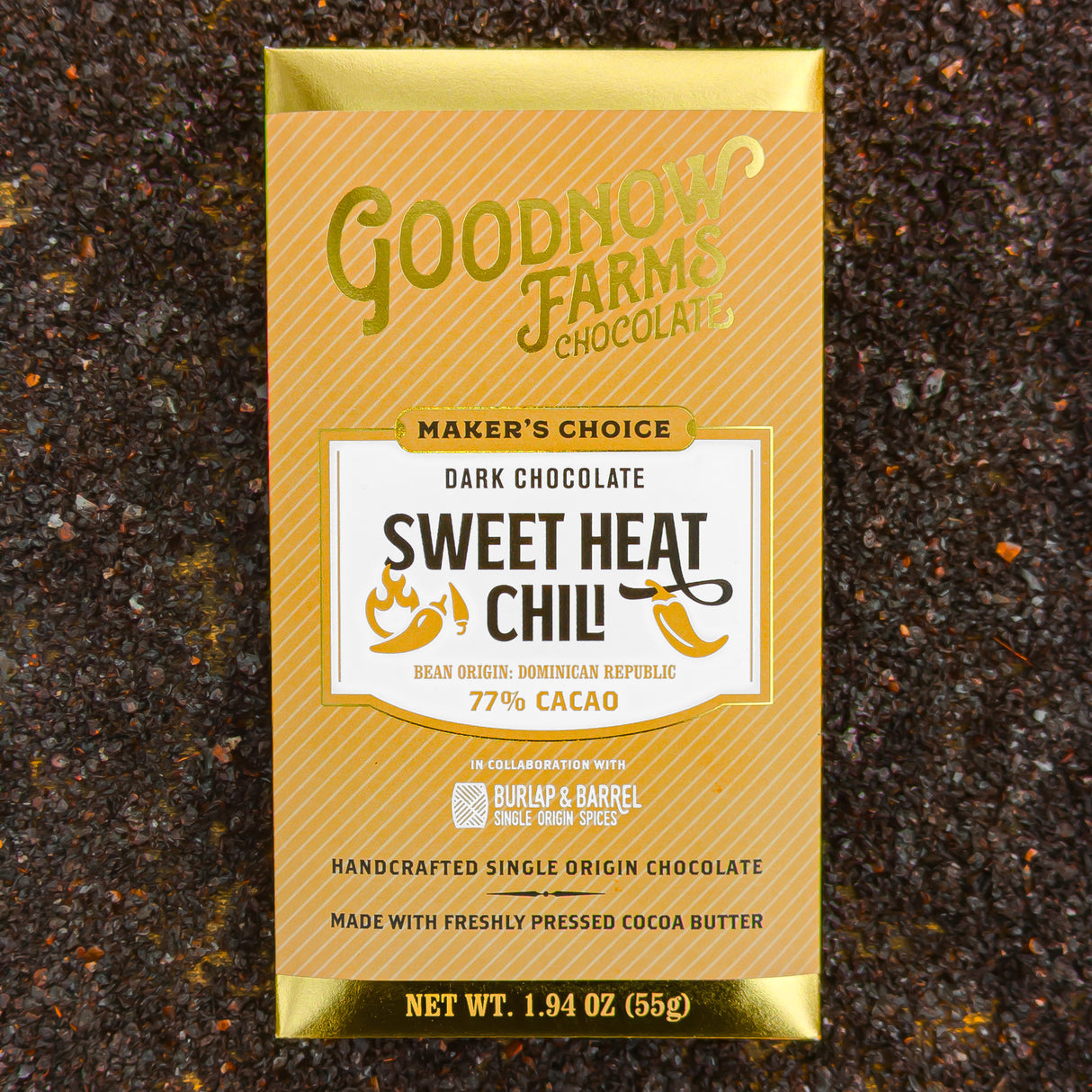 Sweet Heat Chili Chocolate Bar made with Black Urfa Chili from Burlap & Barrel