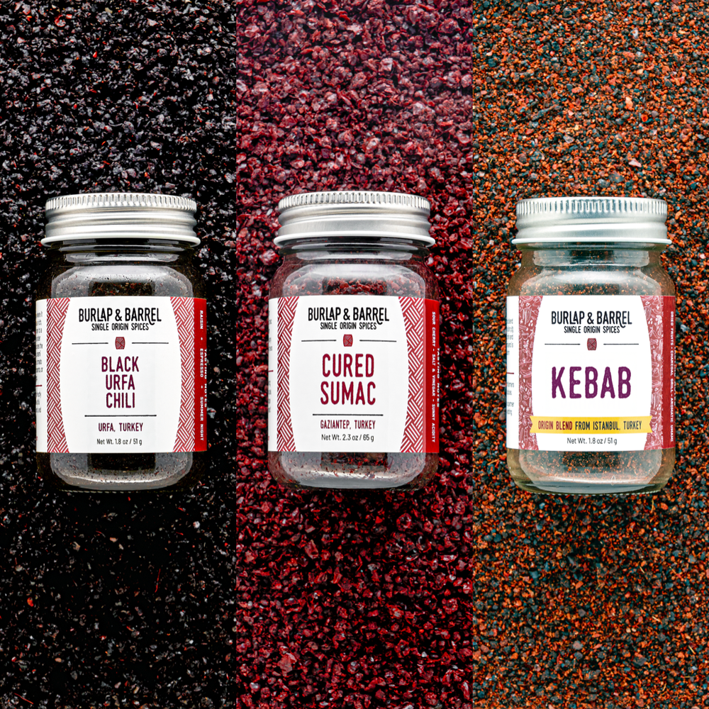 Taste of Turkey Trio with Black Urfa Chili, Cured Sumac and Kebab. From Burlap & Barrel