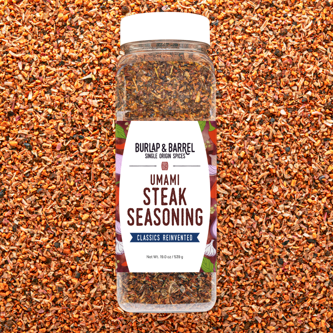 Container of Umami Steak Seasoning from Burlap & Barrel