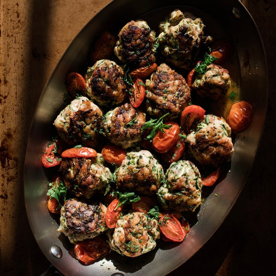 Chicken-Zucchini Meatballs with Roasted Tomatoes