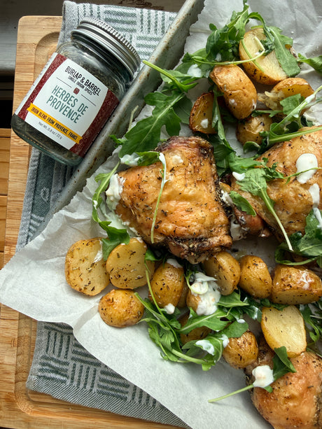 Herbes de Provence Sheet Pan Chicken with Potatoes & Lemony Yogurt