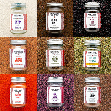 Collage of Burlap & Barrel spice jars with labels on a textured background