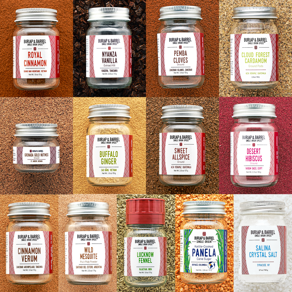 12 Spice Baking Collection with Royal Cinnamon, Nyanza Vanilla Extract Kit, Ground Pemba Cloves, Cloud Forest Cardamom, Ground Grenada Gold Nutmeg, Buffalo Ginger, Ground Sweet Allspice, Ground Desert Hibiscus, Cinnamon Verum, Wild Mesquite, Lucknow Fennel in a grinder, Panela Cane Sugar and Salina Crystal Salt