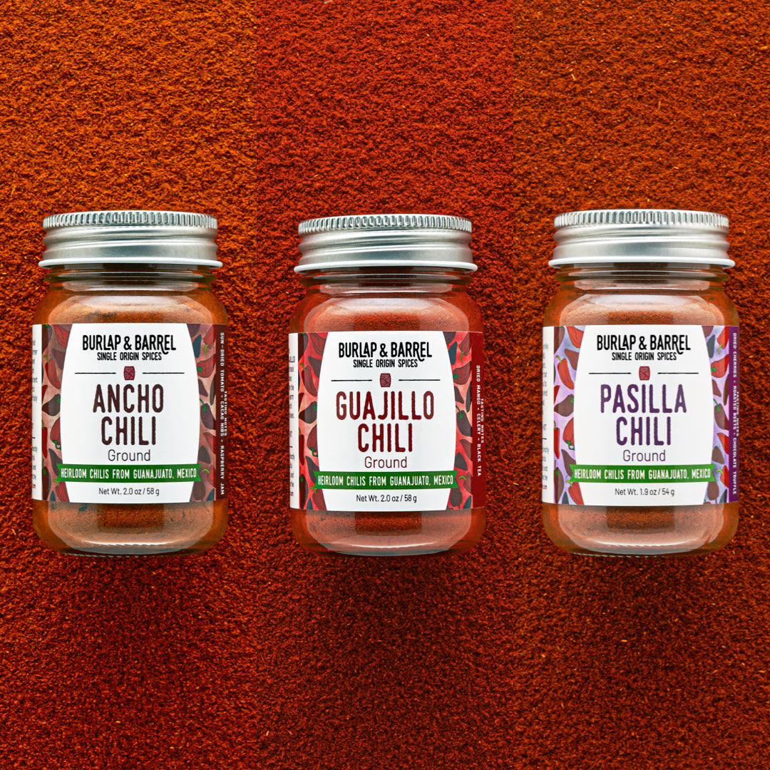 Three Single origin Mexican Chilis from Burlap & Barrel: Ancho, Guajillo & Pasilla