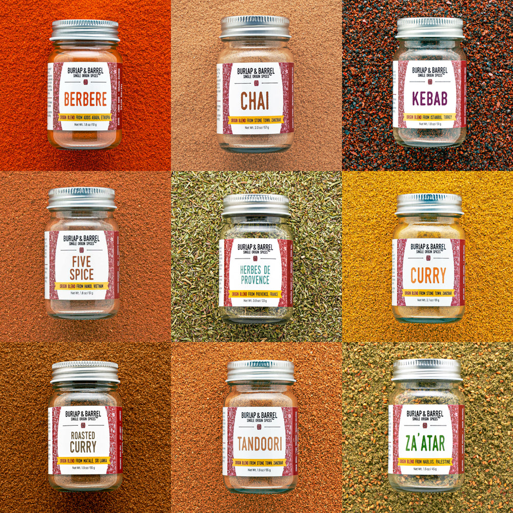 Grid of jars with labels on a textured brown background